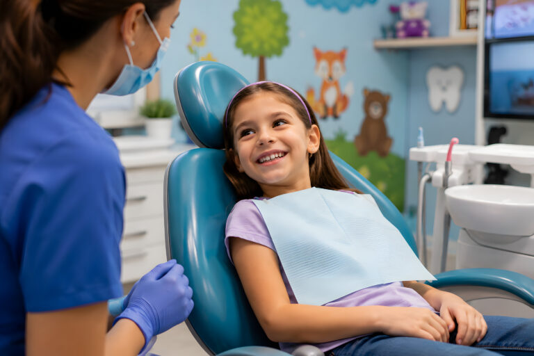 Happy child at pediatric dental checkup with friendly kids dentist at Lexington Family Smiles